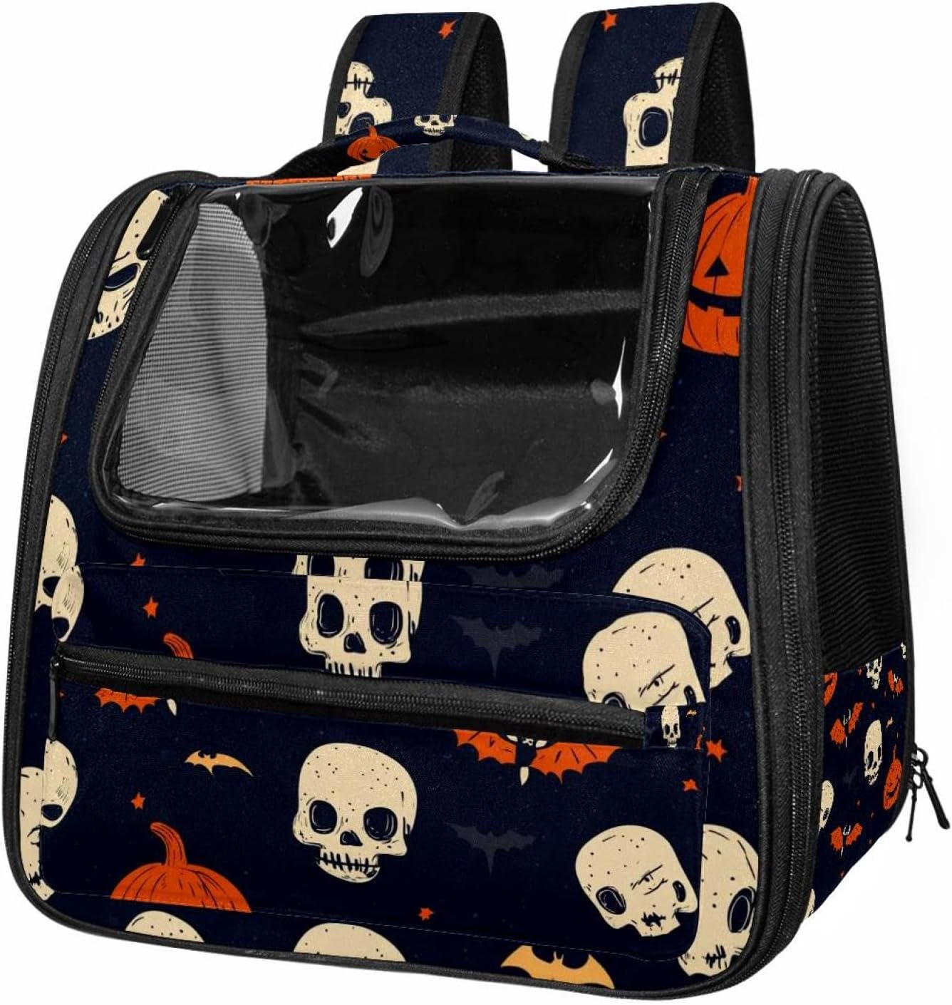 Portable Travel pet Backpack Carrier Hamster Bag Small Dog cat Carrier Breathable Hang Bag, Halloween Skulls Pumpkins Bats