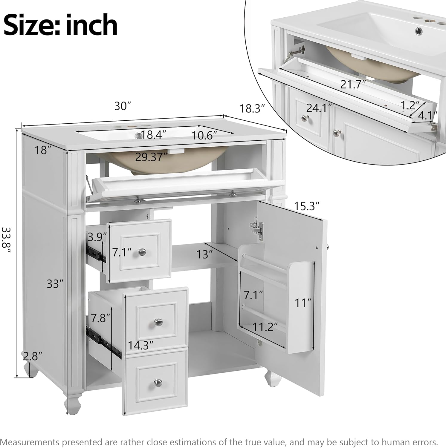 Merax 30" Bathroom Vanity with Sink, Modern Solid Wood Frame Bathroom Vanity Storage Cabinet with Adjustable Shelf, Ceramic Sink Top, Soft Closing Doors, 3 Drawers and Tip Out Drawer, White