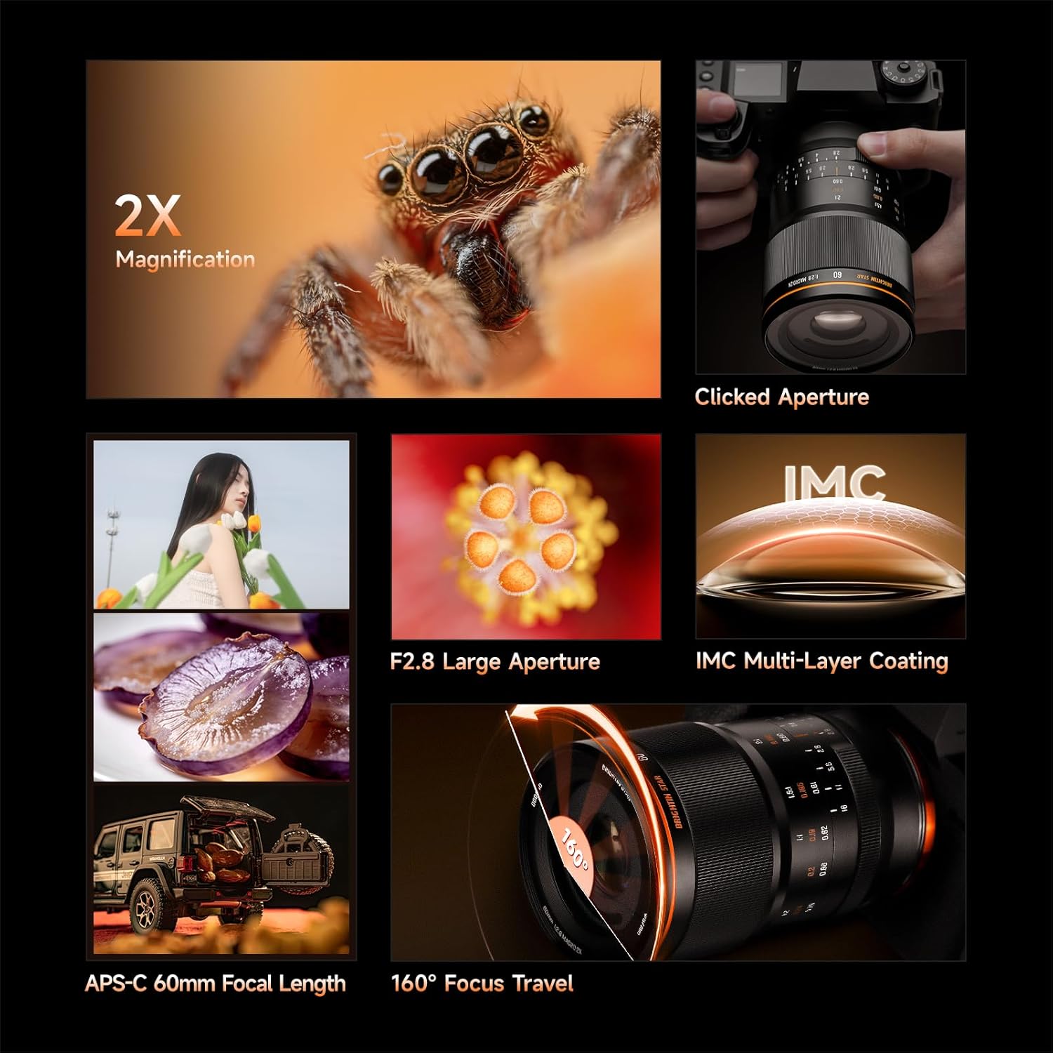 Brightin Star 60mm F2.8 2X Macro Lens for for Sony E Mount Mirrorless Cameras, APS-C Manual Focus MF Prime Large Aperture Lens, Fit for A6700 A6600 A6500 A6400 ZV-E10 ZV-E10II FX30