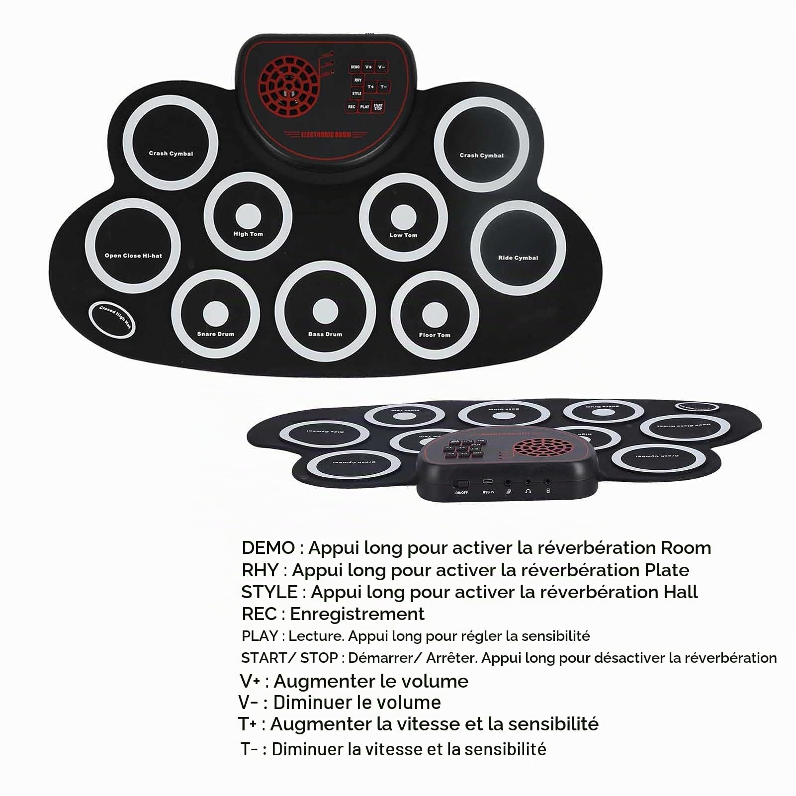 Batterie Electronique Enfant, Ensemble de Batterie Enroulable, 9 Pads, Kit de Batterie avec Pédales et Baguettes de Batterie, Double Haut-parleur intégré, Idéal