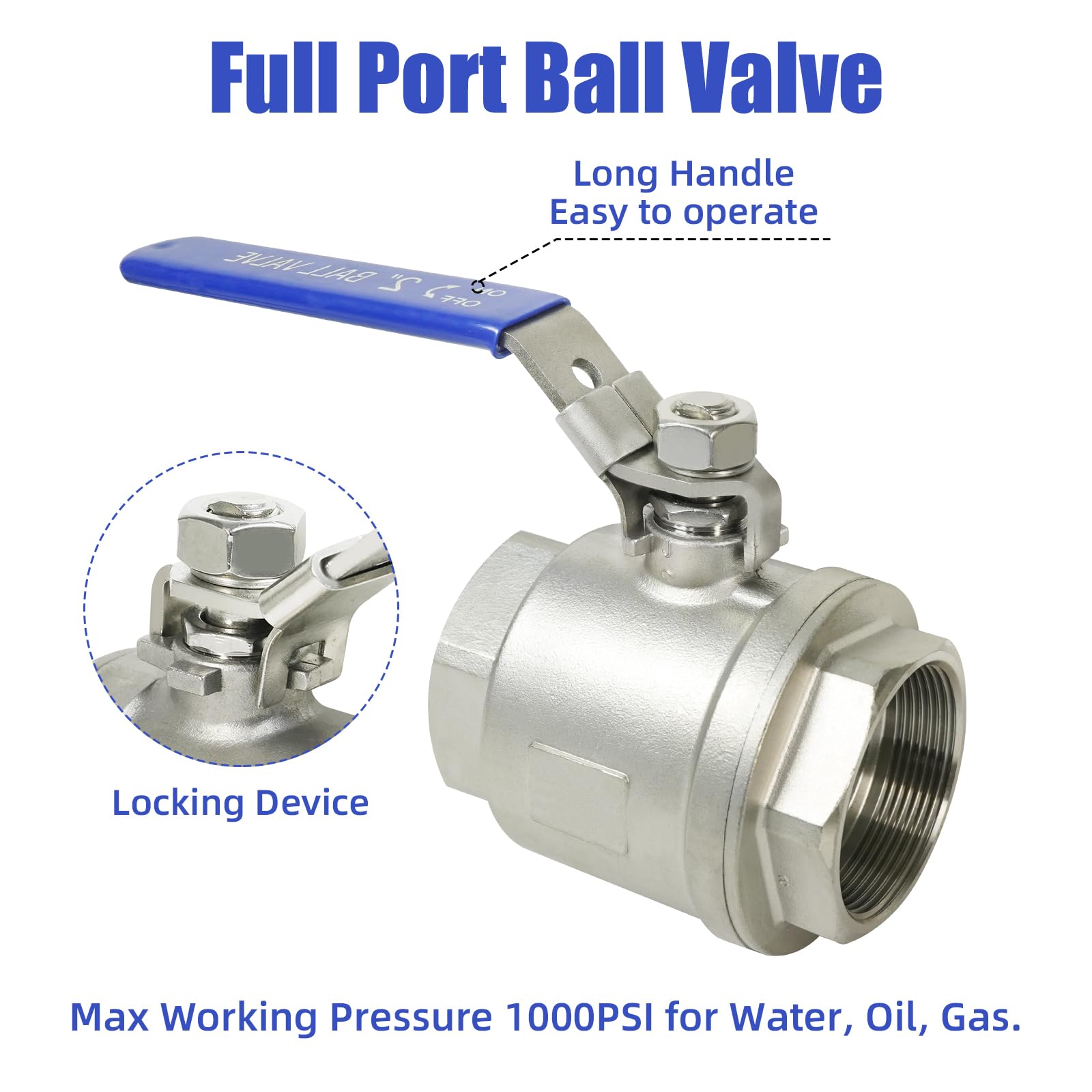 Paquete de 2 válvulas de bola NPT hembra de acero inoxidable 304 de 2 pulgadas, válvula de bola de puerto completo, válvula de cierre de 2 pulgadas para agua, aceite y gas con dispositivo de bloqueo,