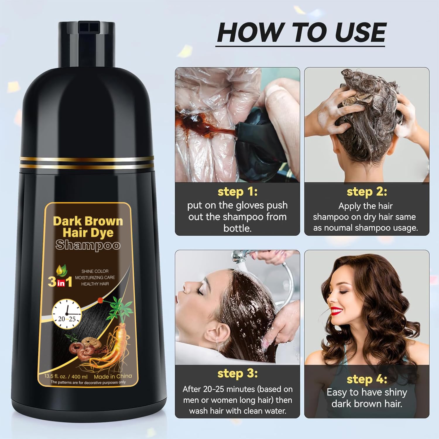 Herbal 3-in-1 Hair Dye Shampoo for Gray Hair Coverage
