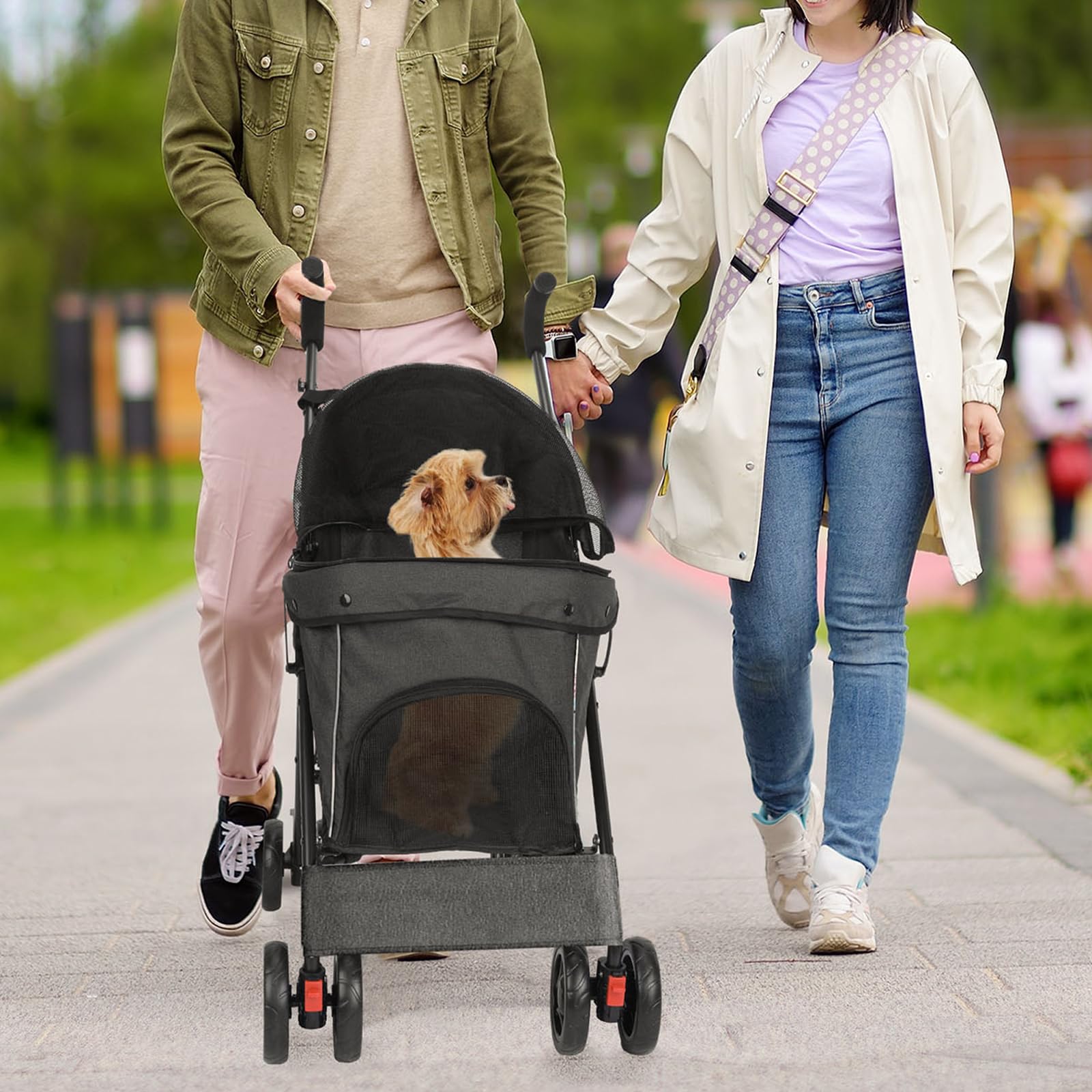 Passeggino per Animali Domestici, Passeggino per Cani Gatti, Passeggino da Jogging con Gabbia per Cuccioli Facile da Piegare A 4 Ruote per Gatti di Piccola Taglia, Cani,Nero