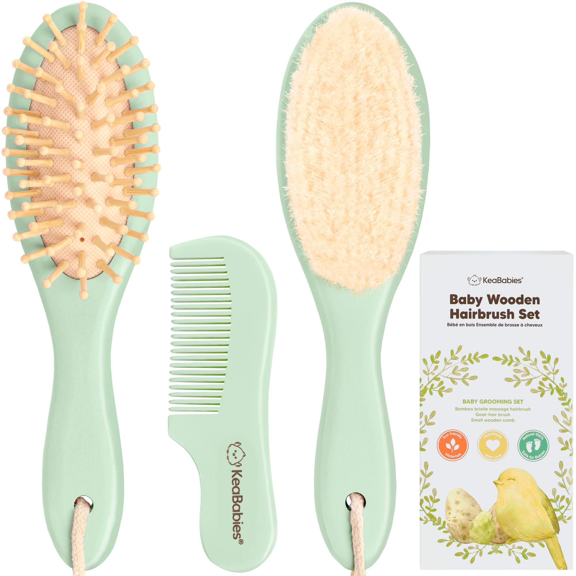 Baby Hair Brush and Comb Set for Newborn - Wooden Baby Hair Brush Set with Soft Goat Bristle, Baby Brush Set for Newborns, Baby Brush and Comb Set Girl, Boy, Toddler Cradle Cap Brush (Oval, Sage)