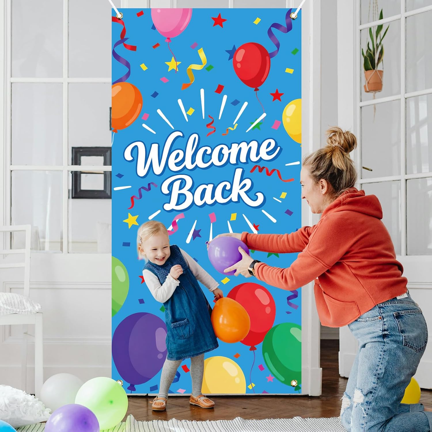 arricraft 1 Pc Welcome Theme Polyester Door Cover, 72.83"x35.43" Blue Welcome Back Colorful Balloon Backdrop Banner Door Porch Sign Photography Background for Party Porch Home Decor Accessories image 4