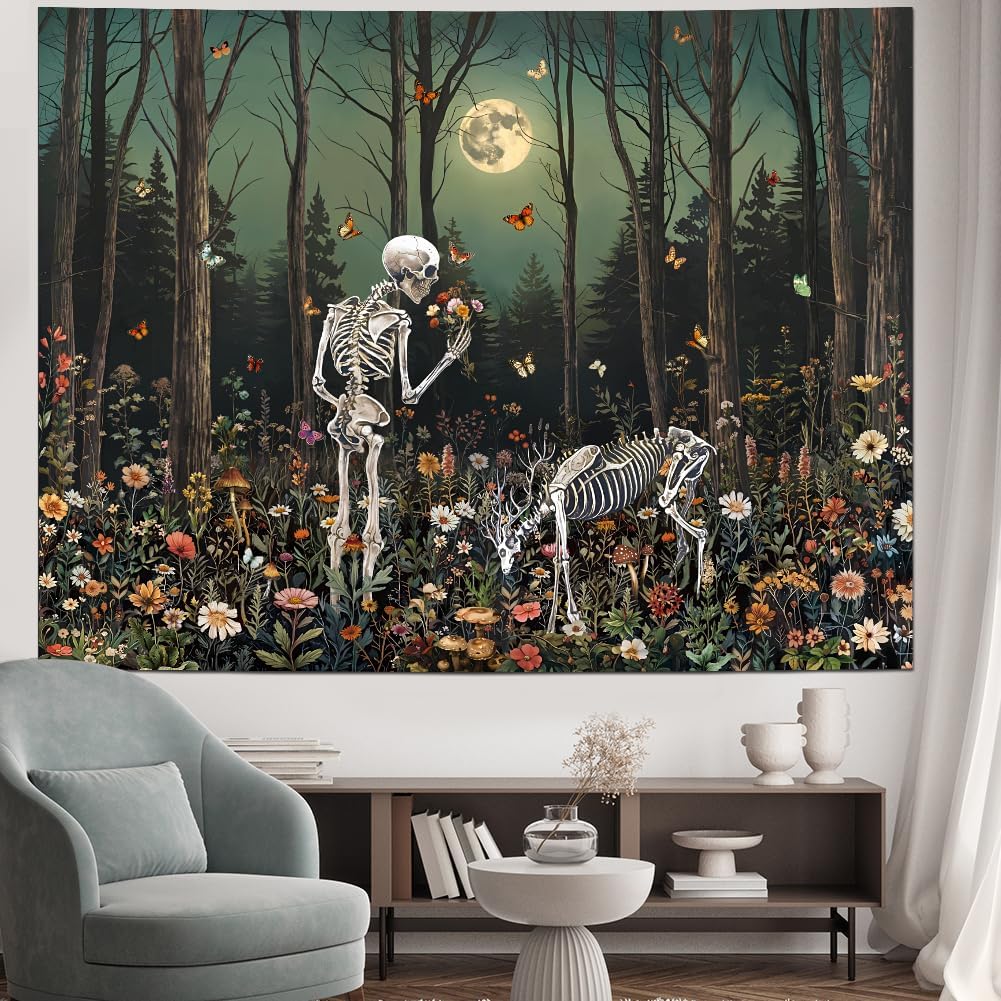 Heynvioo Skull Tapestry Gothic Floral Flower Tapestries Trippy Skeleton Deer Tapestry Moon Forest Tapestries Psychedelic Aesthetic Wall Hanging Decor for Bedroom Living Room Home 59.1L x 51.2W