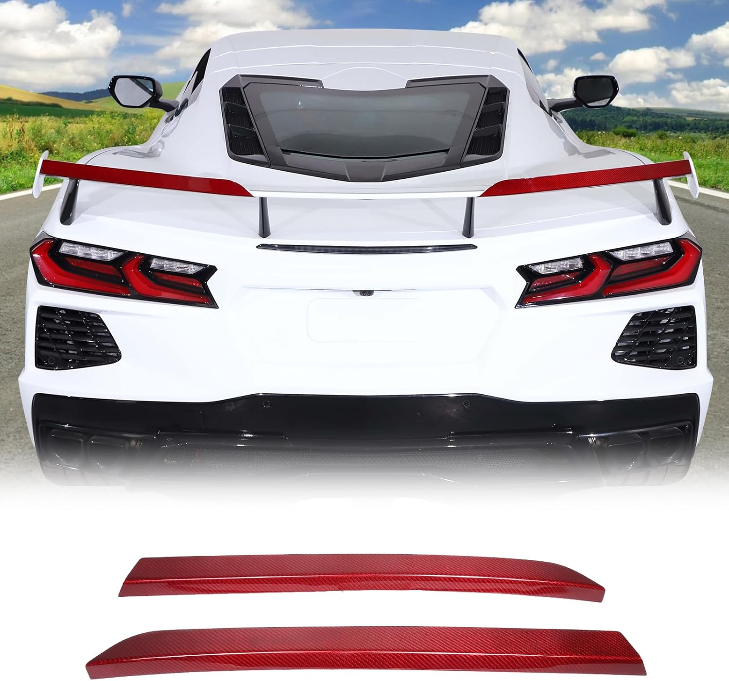Real Carbon Fiber High Wing Spoiler Trim Cover Compatible with Chevrolet Corvette C8 2020-2024, Rear Spoiler Wing Decorative Strip Accessories, 2PCS (Red) Real Carbon Fiber High Wing Spoiler Trim Cover Compatible with Chevrolet Corvette C8 2020-2024, Rear Spoiler Wing Decorative Strip Accessories, 2PCS (Red)