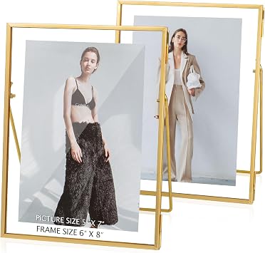Gold Picture Floating Frame, Set of 2 Pressed Glass Floating Frames, 6 x 8 Standing Gold Picture Frame for 5x7, 4x6, 3x5 Photo Tabletop Display