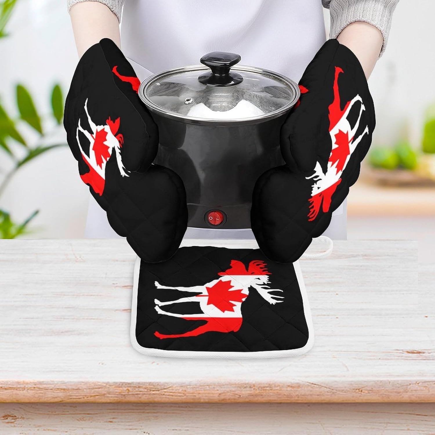 Mooses in Flag of Canada Print Oven Mitts and Pot Holders 3 Piece Sets Heat Resistant Gloves Hot Pads Potholders for Kitchen Baking Cooking