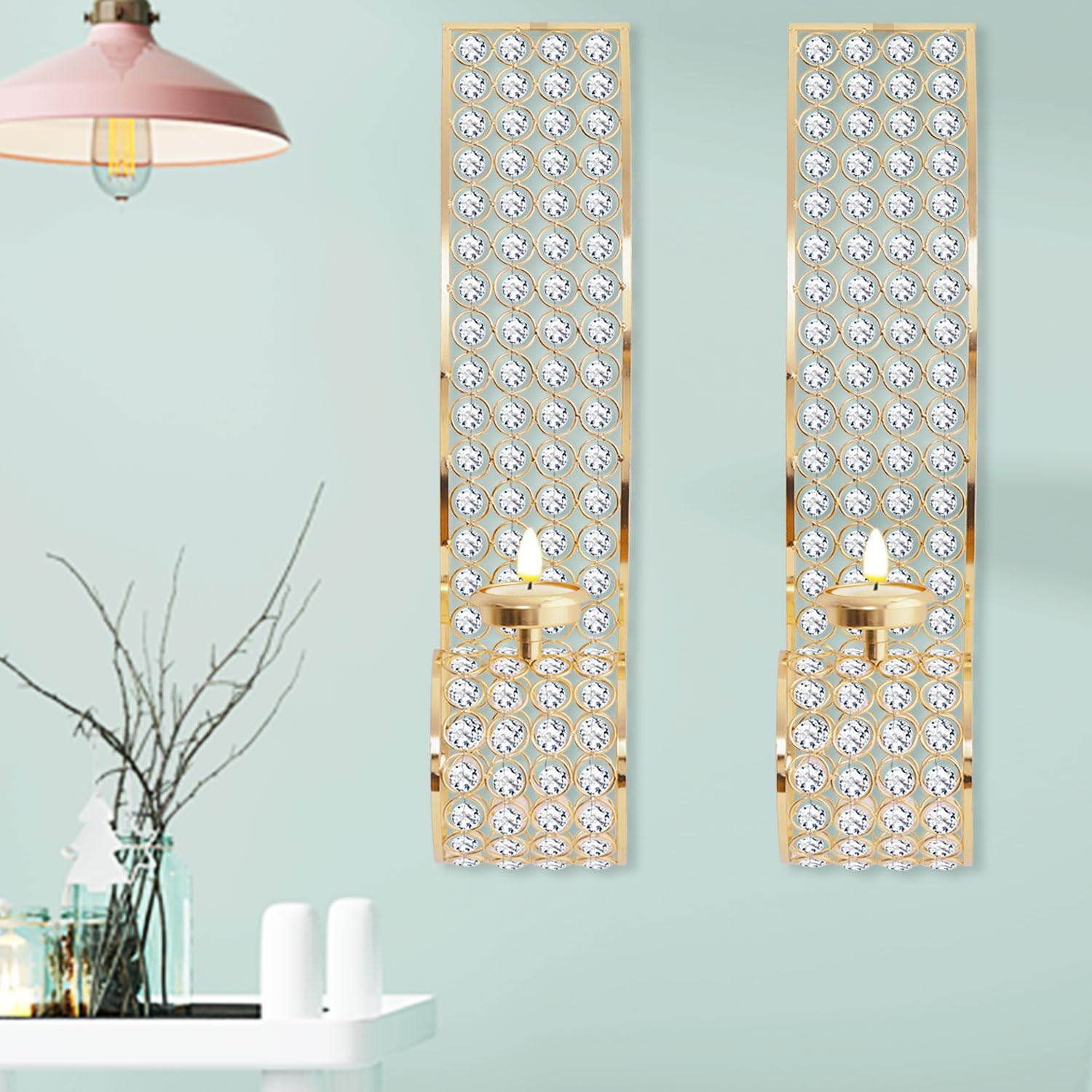 Crystal Wall Candle Sconces Gold Tealight Candle Holder for Wall Bead Metal Candle Centerpiece Décor for Party Wedding Anniversary, Set of 2