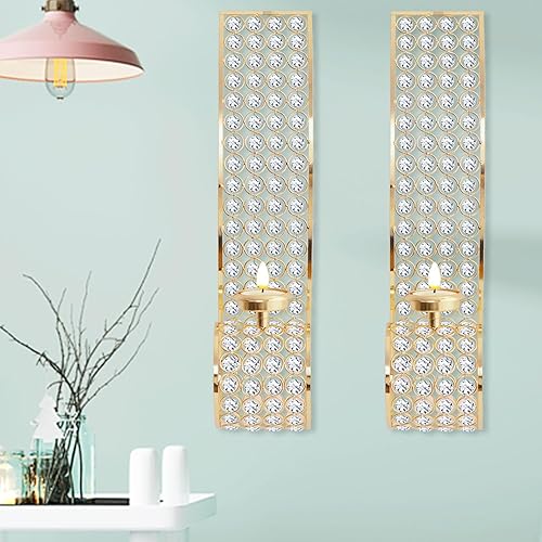 Miniatura 3 de Juego de 2 candelabros de pared de cristal dorado para velas de té de metal con cuentas de pared, centro de mesa, decoración para boda, fiesta,