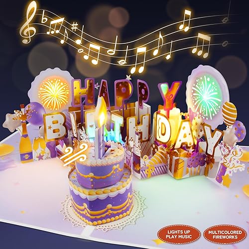 XTF2015 Firework Birthday Cards，Music & LED Lights 3D Pop Up Greeting Card with Blowable Birthday Cake, Comes with Digital DIY, Sticky Note and Envelope, for Lover, Family and Friend