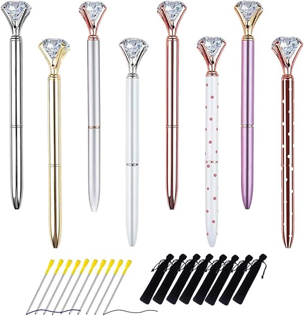 FOVERN1 Set of 8 PCS Big Diamond Pens Ballpoint Pens With 16 Ink Pen Refills (Blue & Black) 8 Velvet Gift Bags for Women Girls Coworkers Gifts