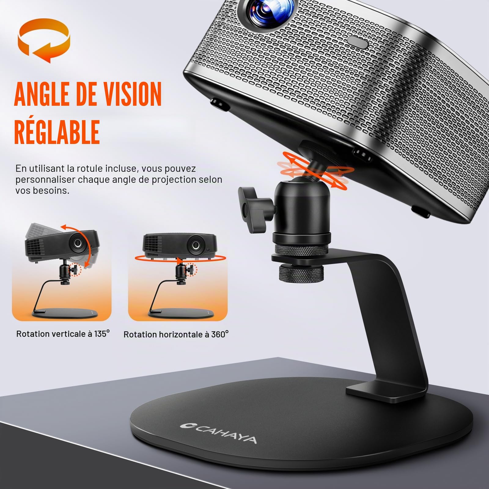 CAHAYA Support pour Mini Projecteur de Bureau - Vidéoprojecteur Portable Compact Réglable 360° avec Base Métallique Antidérapante et Ultra Stable, Filetage 1/4", Charge Max 5 kg