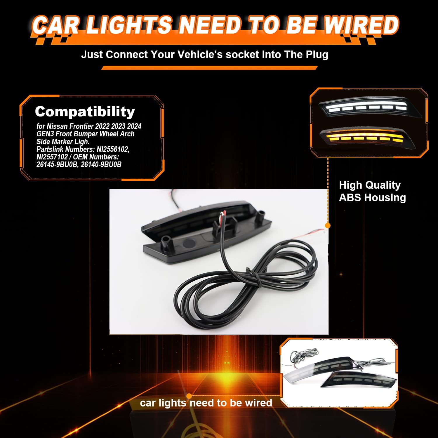 Smoked LED Front Bumper Wheel Side Marker Lights for 2022 2023 2024 Nissan Frontier GEN3 Function as Daytime Running Light DRL & Amber Turn Signal Lamp,OEM Number # 26145-9BU0B, 26140-9BU0B