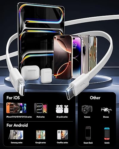 Miniatura 2 de Cargador de pared retráctil 4 en 1 para iPhone 17 USB C, multipuerto de ladrillo esencial de viaje, iluminación de 3 pies + cables tipo C, bloque