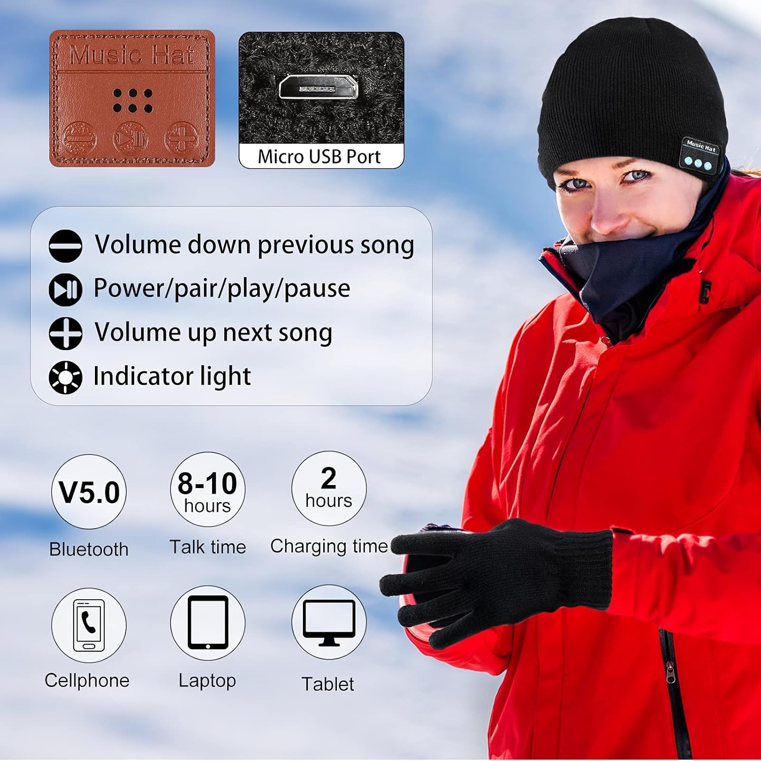 Honoson 4 Set Bluetooth Beanie Hat for Men Wireless Music Beanie with Gloves Winter Gift for Men Women Sports Winter Gift