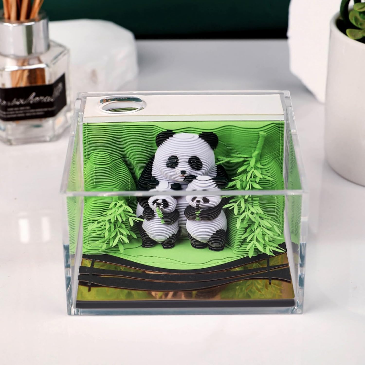 3D Calendar 2026, Panda Family Time Piece Calendar 2026, Daily Tear-Off Memo Pad with LED Glow, Panda Family Paper Carving Desktop Decoration, Unique Holiday & New Year Paper Craft Gift