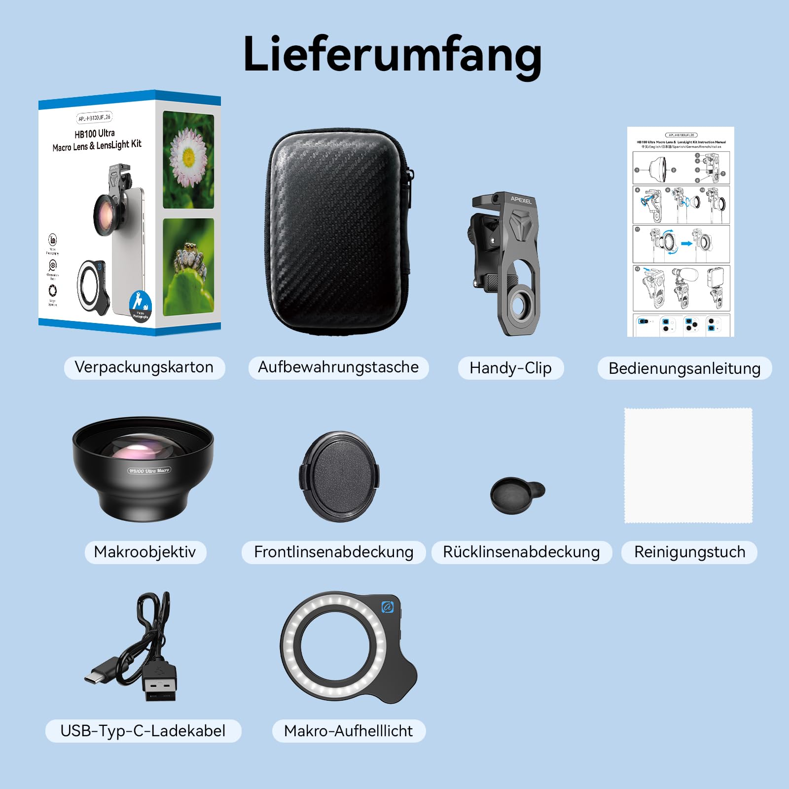 APEXEL HB100 Ultra-HD Handy-Makroobjektiv F1.05 mit mit 45 Fülllichtmodi und AF-Beschichtung,Handy Objektive Passend für iPhone, Samsung, Pixel Smartphones