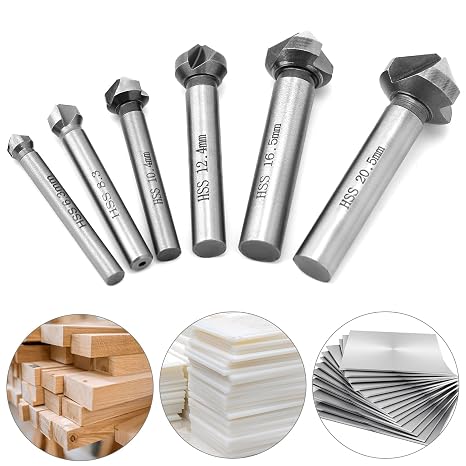 QWORK® 6Pcs Countersink 90°, 6.3-20.5 mm HSS Steel Countersink Drill Bit, Countersink Deburring Tools for Wood, Metal, Plastic