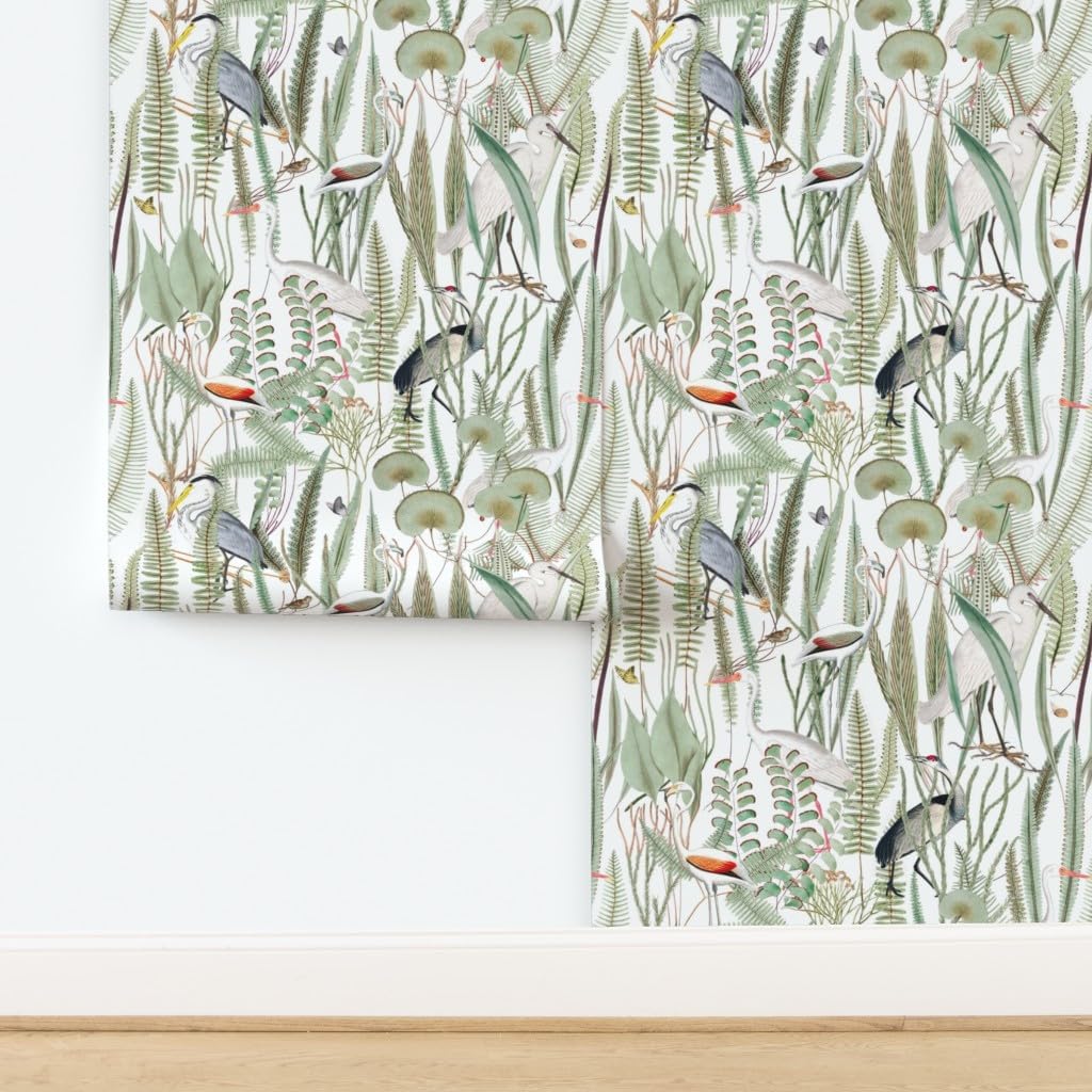 Spoonflower Peel & Stick Wallpaper 3ft x 2ft - Coastal Birds Large Scale Egret Herons Lake House Green White Jade Custom Removable Wallpaper