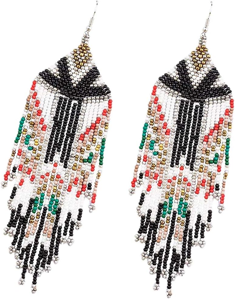 Long Beaded Tassel Earrings - American Flag Drop Earrings Bohemian Beaded, Seed Bead Tribal Dangle Earrings, Pendientes De Borla,Idea for Women
