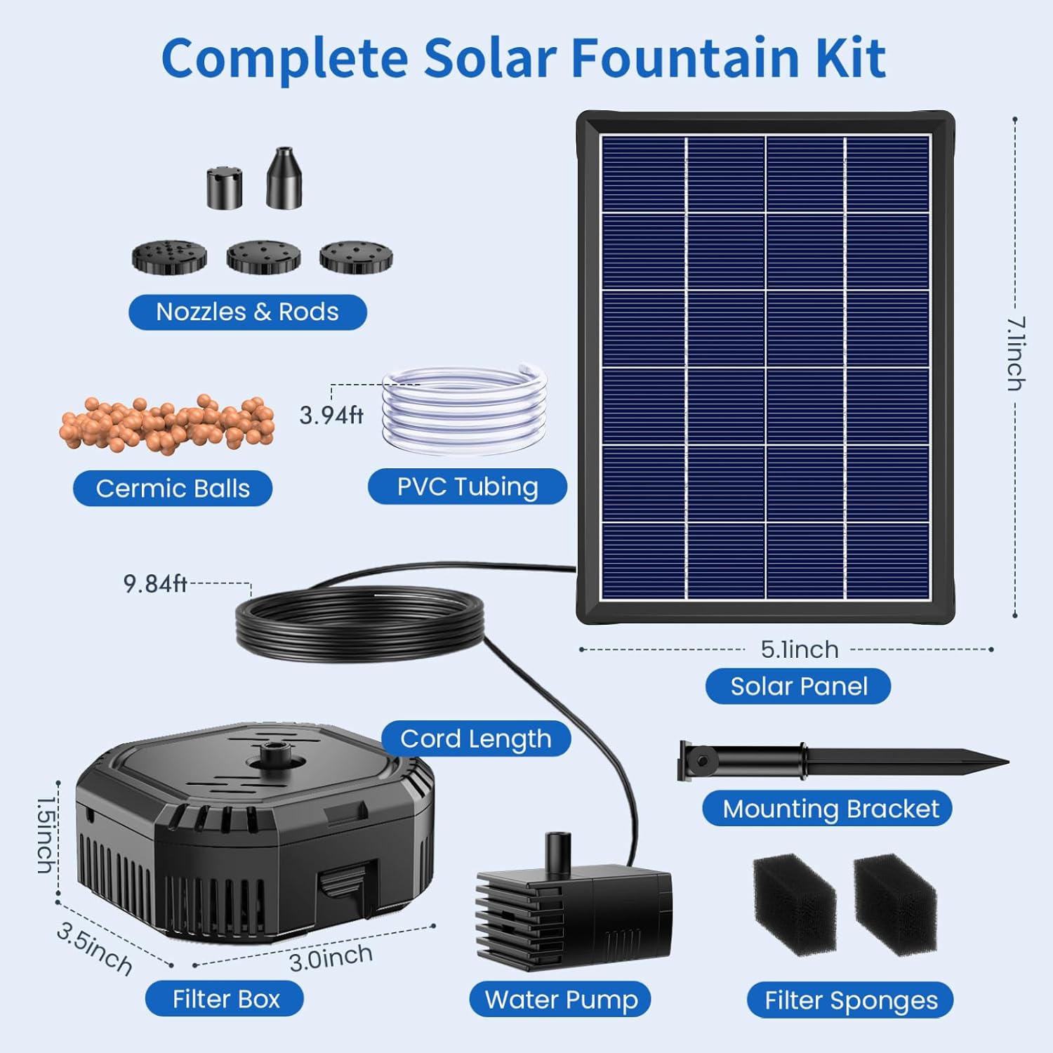 Antfraer Solar Pond Filter with Fountain Pump, 4W Solar Fountain Pump with Pond Filter, Solar Powered Water Pump Kit with 5 Nozzles & PVC Tubing for Bird Bath, Garden, Outdoor Fish Tank