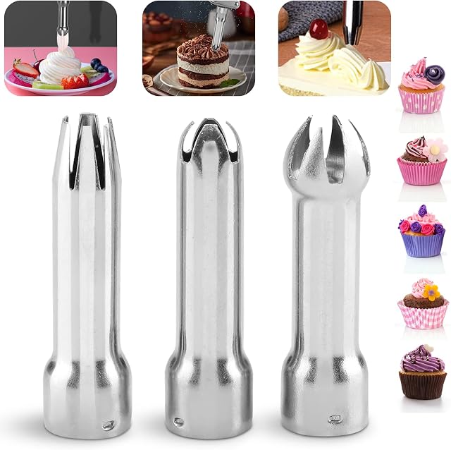 3pcs Whipped Cream Dispenser Tips, Universal Stainless Steel Cake Decorating Nozzles Cream Whipper Dispenser Replacement Parts