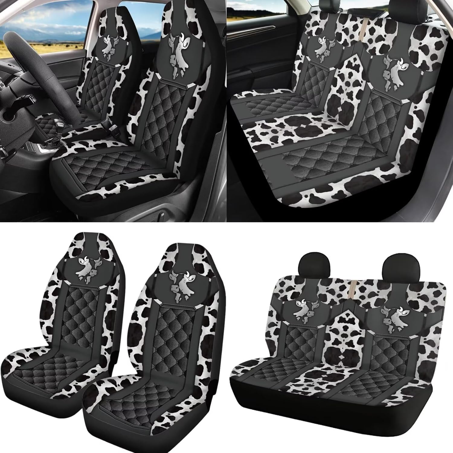 9 Pcs Car Seat Cover Sets, Cow Print Non Slip Car Front and Back Seat Cover 15 Inch Steering Wheel Protector Safety Belt Shoulder Pads, Universal Fits Auto Interior Accessories