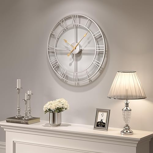 Miniatura 3 de Cuspin Reloj de pared plateado para decoración de sala de estar, reloj de pared grande de metal de 24 pulgadas, moderno, de lujo, con números