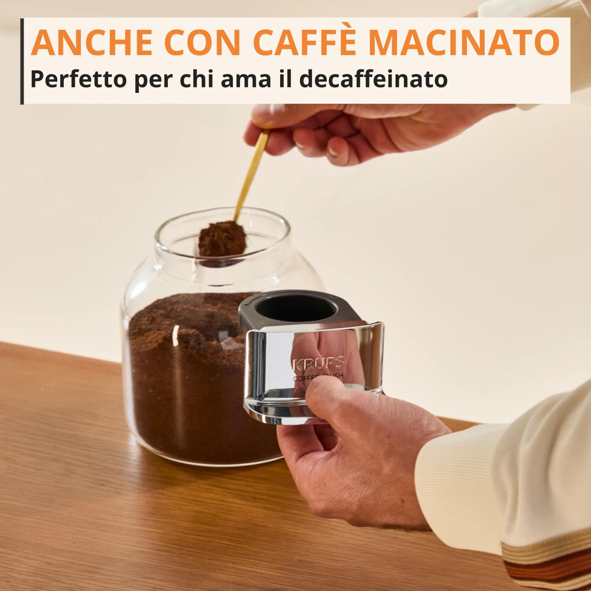 Krups Coffee Crush Extra, Macchina da Caffè Automatica, Super Compatta, Ingombro Minimo, 3 Livelli di Macinatura per Caffè in Grani, Intensità, Lunghezza e Temperatura Regolabili, 1370 W, Chai, SA402A