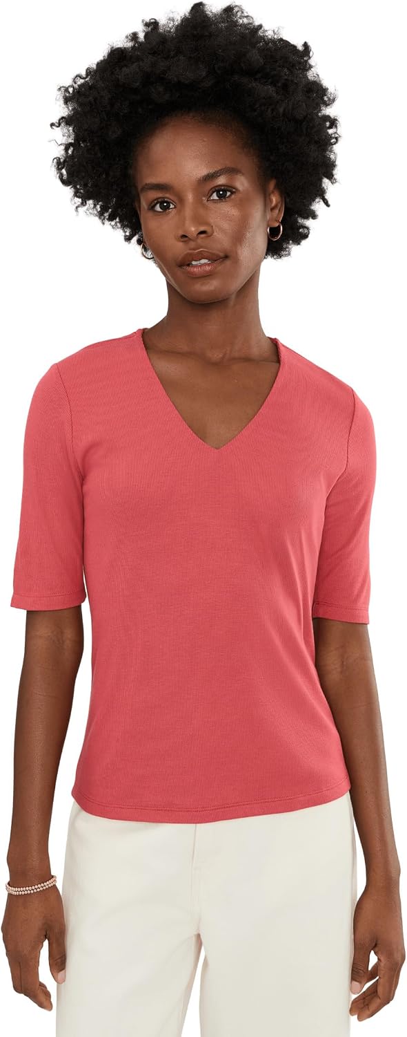 Liverpool Women's Double Layer V-Neck 1/2 Sleeve Rib Knit Top