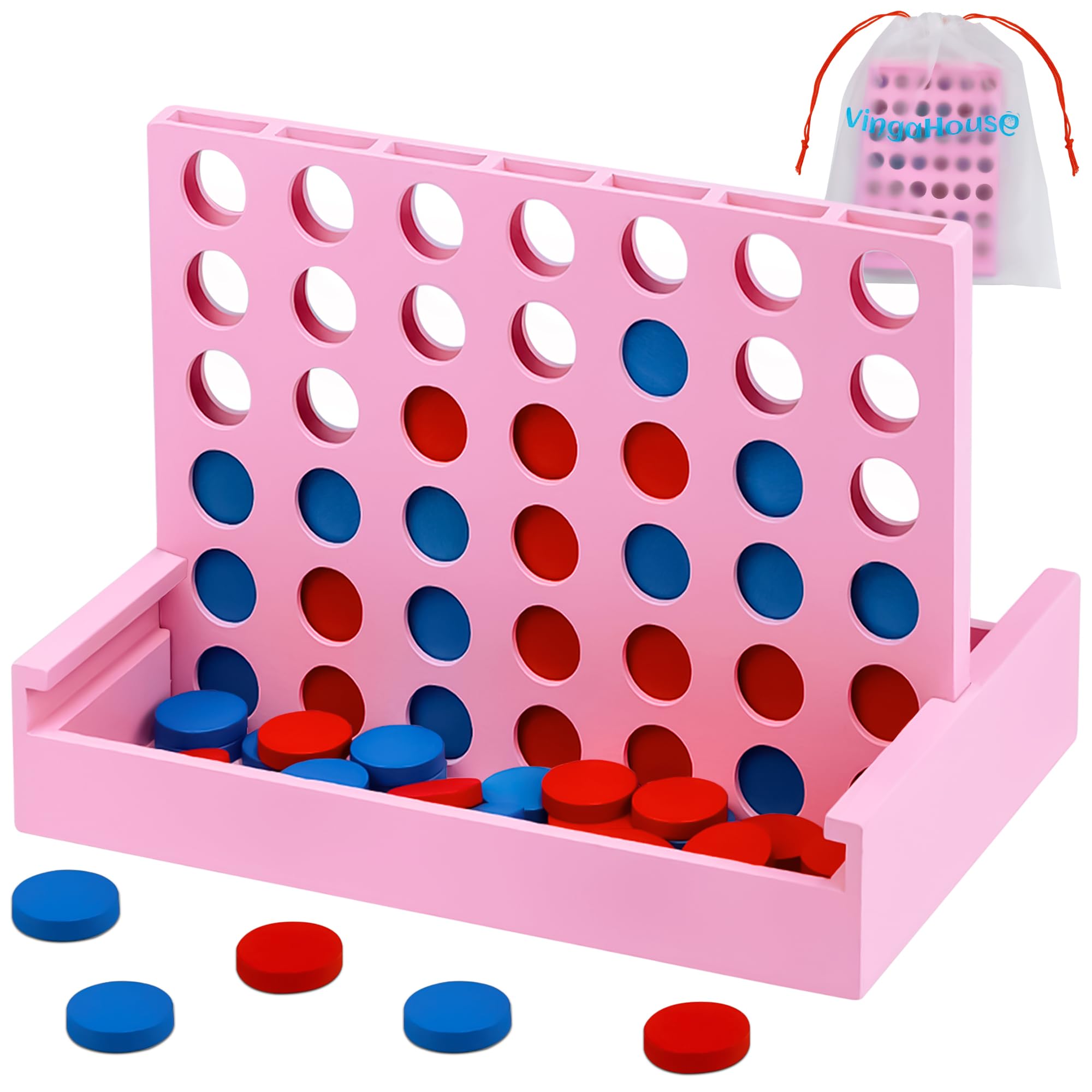 VingaHouse 4 in Einer Reihe Spiel Holz, Vertikales Strategiespiel für 2 Spieler, Pädagogisches Lernspielzeug, Geschenk für Kinder & Erwachsene, Brettspiel für Zuhause & Reisen [Rosa]