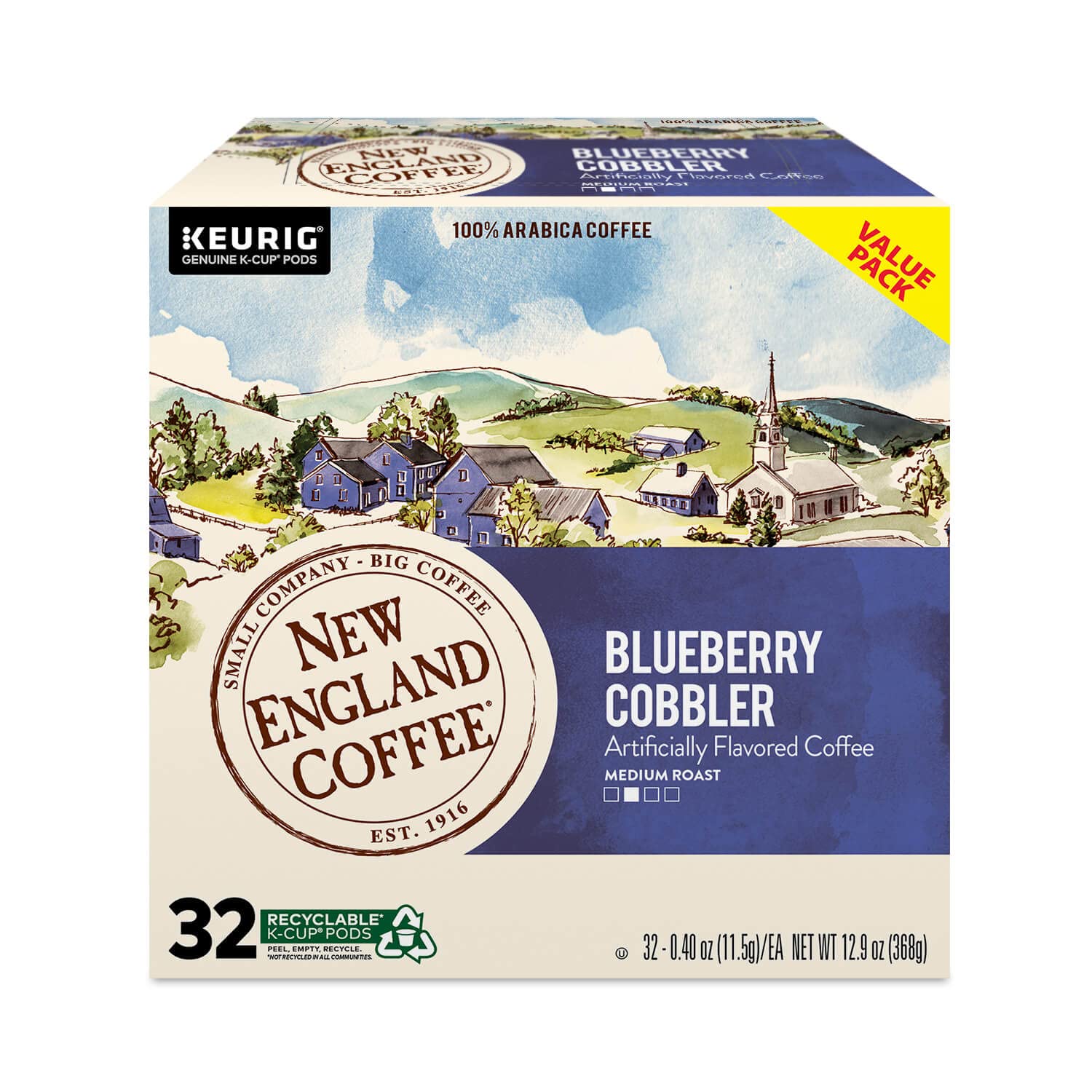 New England CoffeeBlueberry Cobbler, Medium Roast Single Serve K-Cup Pods, 32 ct. Box (Pack of 1)