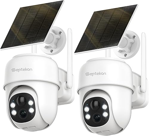 Septekon 360°PTZ Security Cameras Wireless Outdoor 2 Pack, 2K Solar Battery Powered Cameras, 2.4G WiFi Camera with Spotlight, Motion Detection,