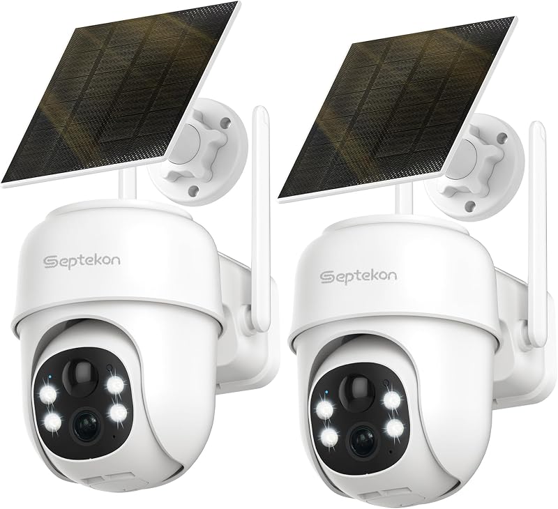 Septekon Cámaras de Seguridad PTZ 360° Inalámbricas para Exteriores, Paquete de 2, Cámaras con Batería Solar 2K, Cámara WiFi 2.4G con Foco, Detección de Movimiento, Sirena, Visión Nocturna en Color, IP66, Blanco