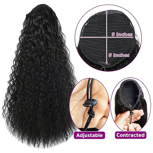 Miniatura 3 de Extensión de cabello humano con cordón para cola de caballo ondulado de agua 1B, color negro, cola de caballo con ondas de maíz, rizado natural para