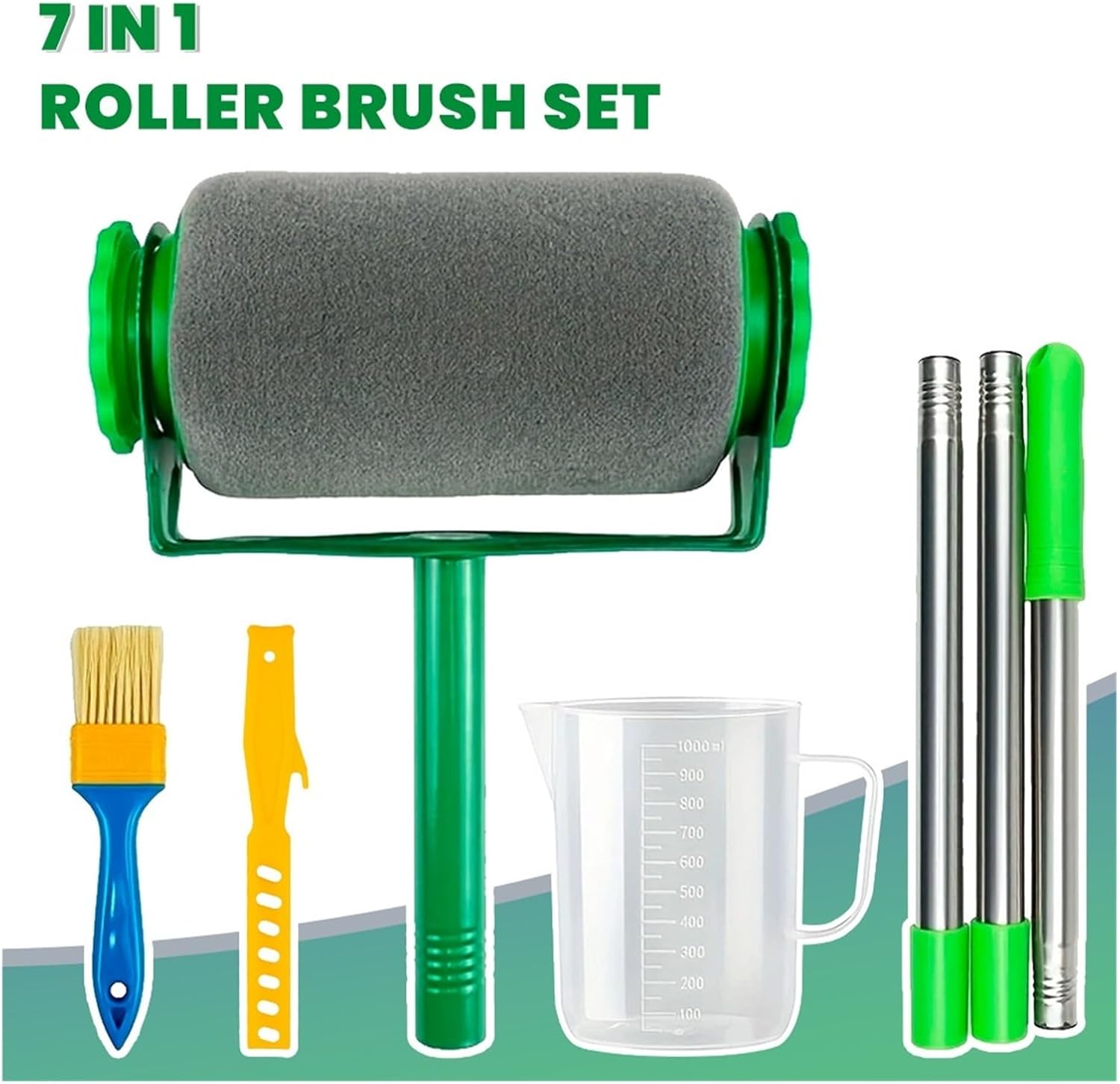 7-in-1 Multi-Purpose Paint Roller Brush Set,1000ml Measuring Cup,1m Extendable Pole, DIY Painting Tools
