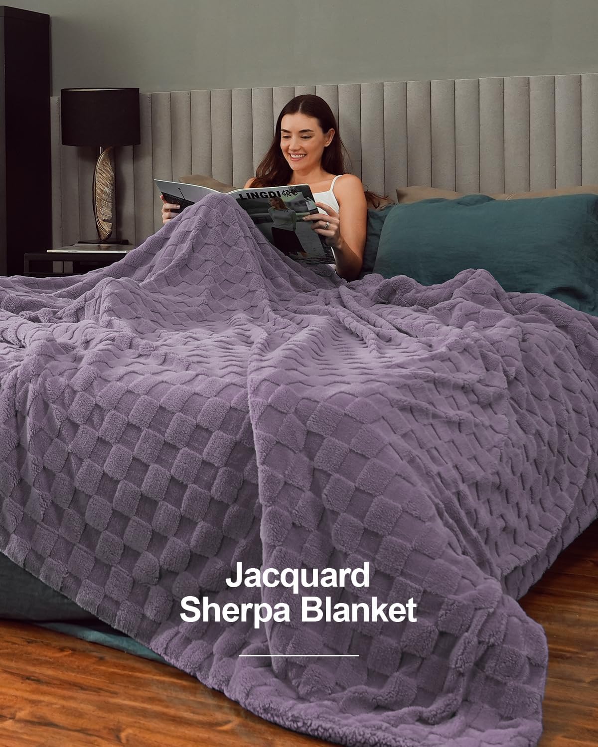 Pawque Super Soft Cozy Throw Blanket Twin Size for Couch Bed, Fluffy Sherpa Fleece Reversible Thick Warm Fuzzy Blanket for All-Season, 3D Checkered Jacquard Decorative Blankets, Purple, 60" x 80" - Image 9