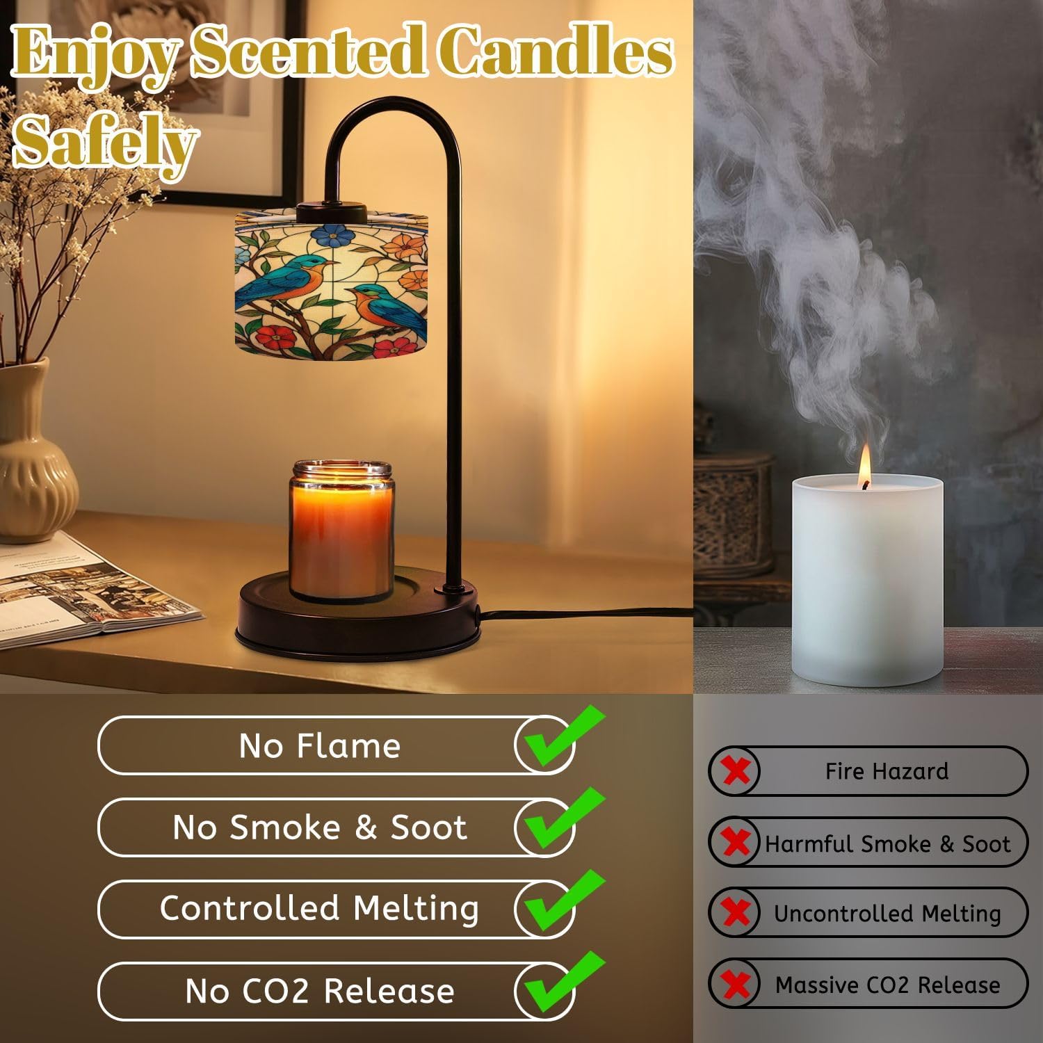 Candle Warmer Lamp with Timer Stained Glass Art Bluebirds Flowering Branches Vibrant Colors Dimmable Wax Warmer with 4 Bulbs for Jar Candles Women Birthday Gifts House Warming New Home Decor