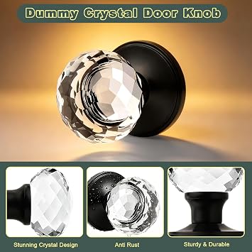 2 Pack Crystal Door Knobs Interior, Elegant Matte Black Glass Door Knobs, Non-Turning Dummy Door Knobs for Closets and Storerooms
