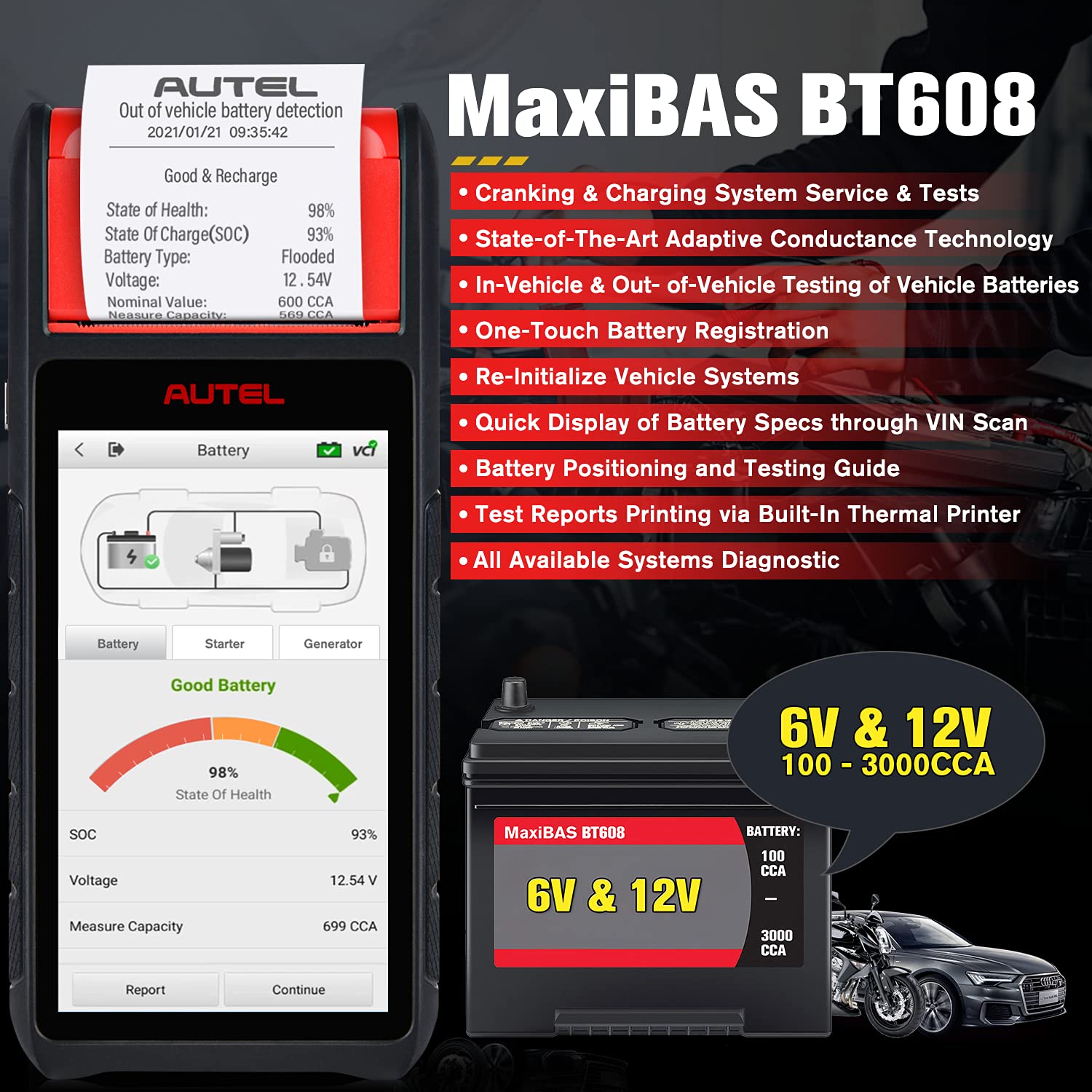 Autel MaxiBAS BT608 (E) Battery Tester, 6V-12V Cranking Test & Charging Alternator Load 100-3000 CCA Voltage Test, Full Diagnostic as MK900 MX900 MK808S, w/Built-in Printer, Up of BT508 BT506, 5.5’’