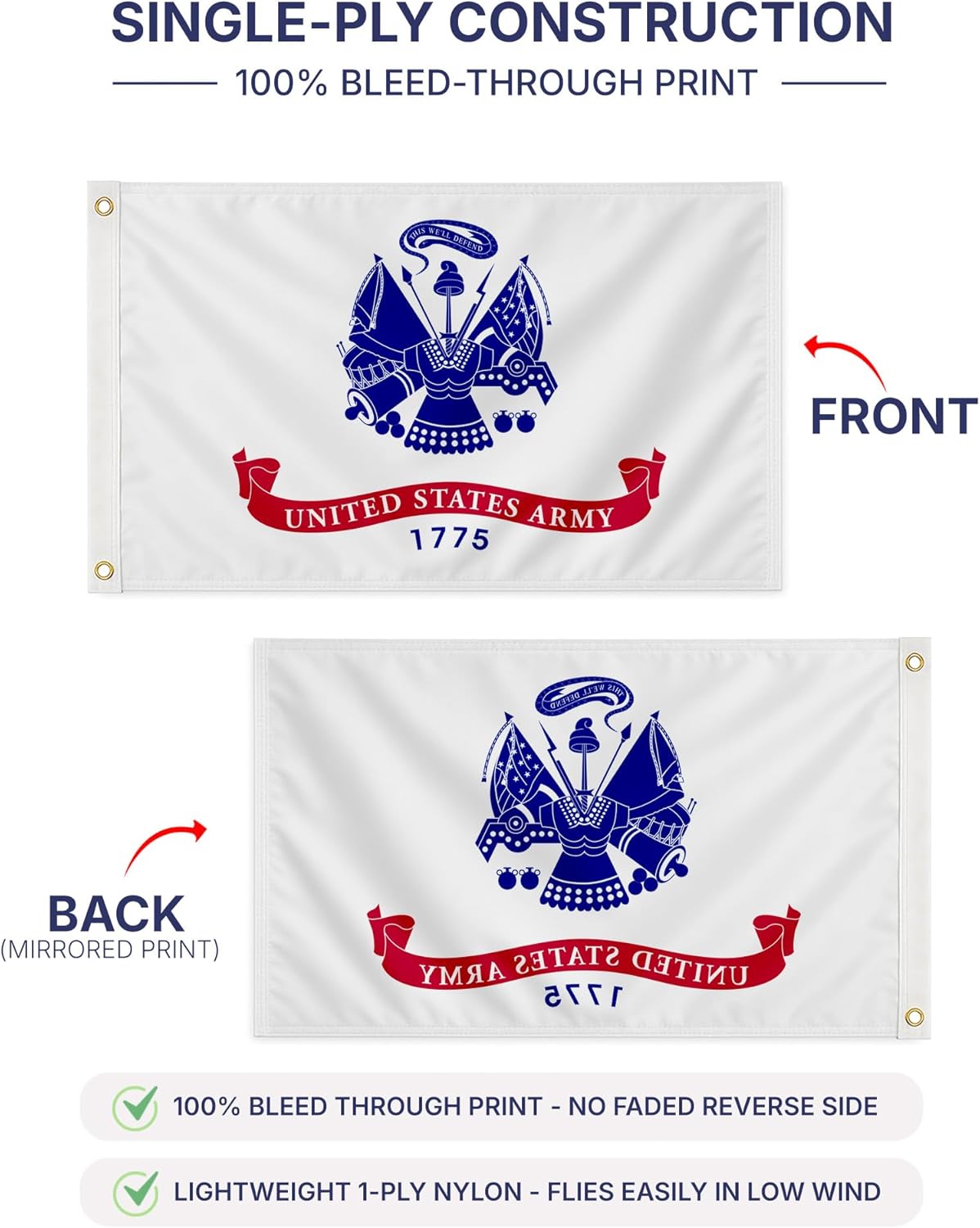 AGAS US Army Flag 2x3 Ft - Printed 200D Nylon Canvas Header Two Brass Grommets United States Army Flags