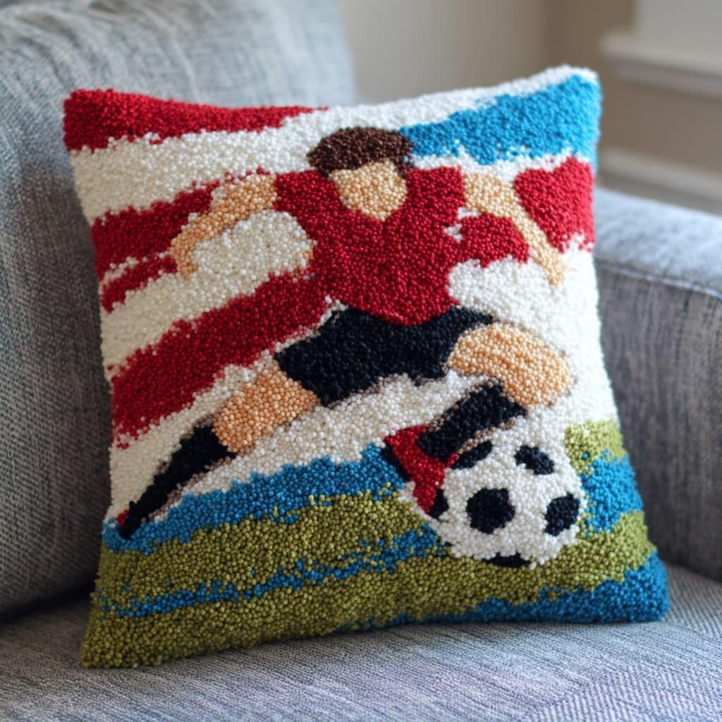 Taxpy Latch Hook Cushion Kits Soccer Pillowcase Kits Embroidery Kit 17X17 Inch DIY Needlework Pillow Cover Sofa Cushion Rug Making