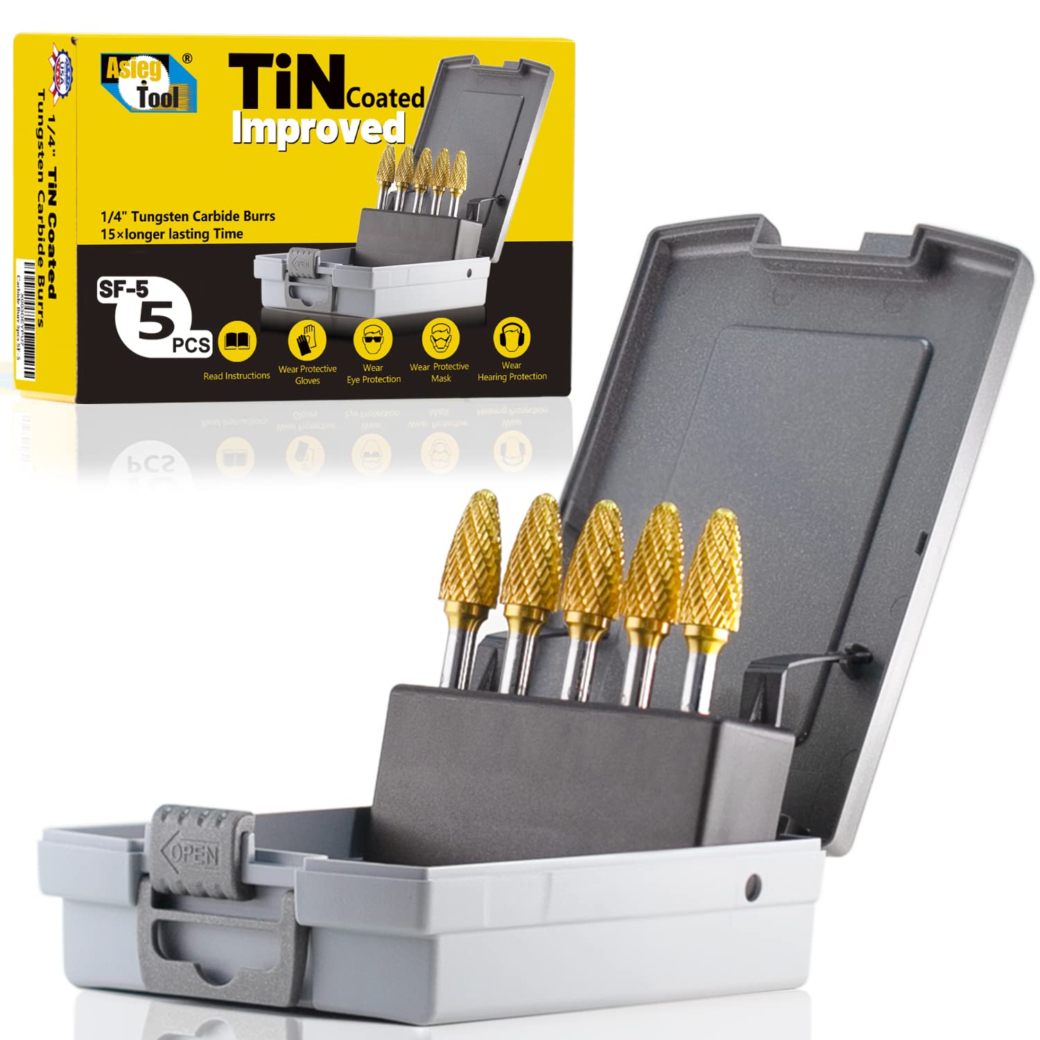 SF-5 5pcs Tungsten Carbide Burr TiN Rotary File Tree Shape Radius End Shape Double Cut for Die Grinder Drill Bits 1/4'' Inch Diameter of Shank and 1/2'' Diameter of Cutter 1'' Inch Cutter Length