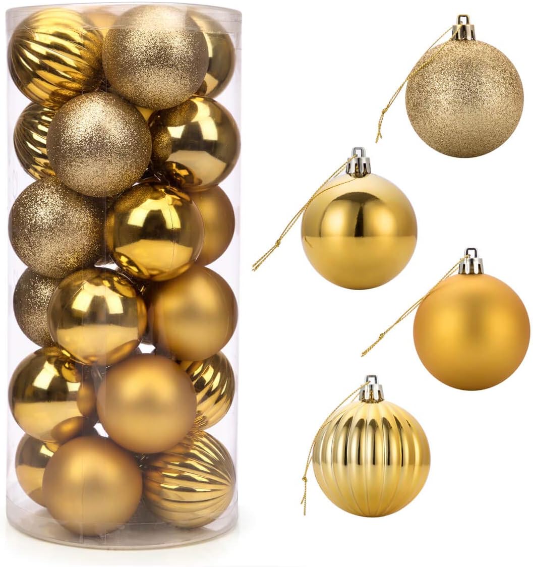 ARCCI 24ct Christmas Ball Ornaments, 2.36"/60mm Shatterproof Plastic Christmas Tree Balls, Holiday Party Decoration, Golden