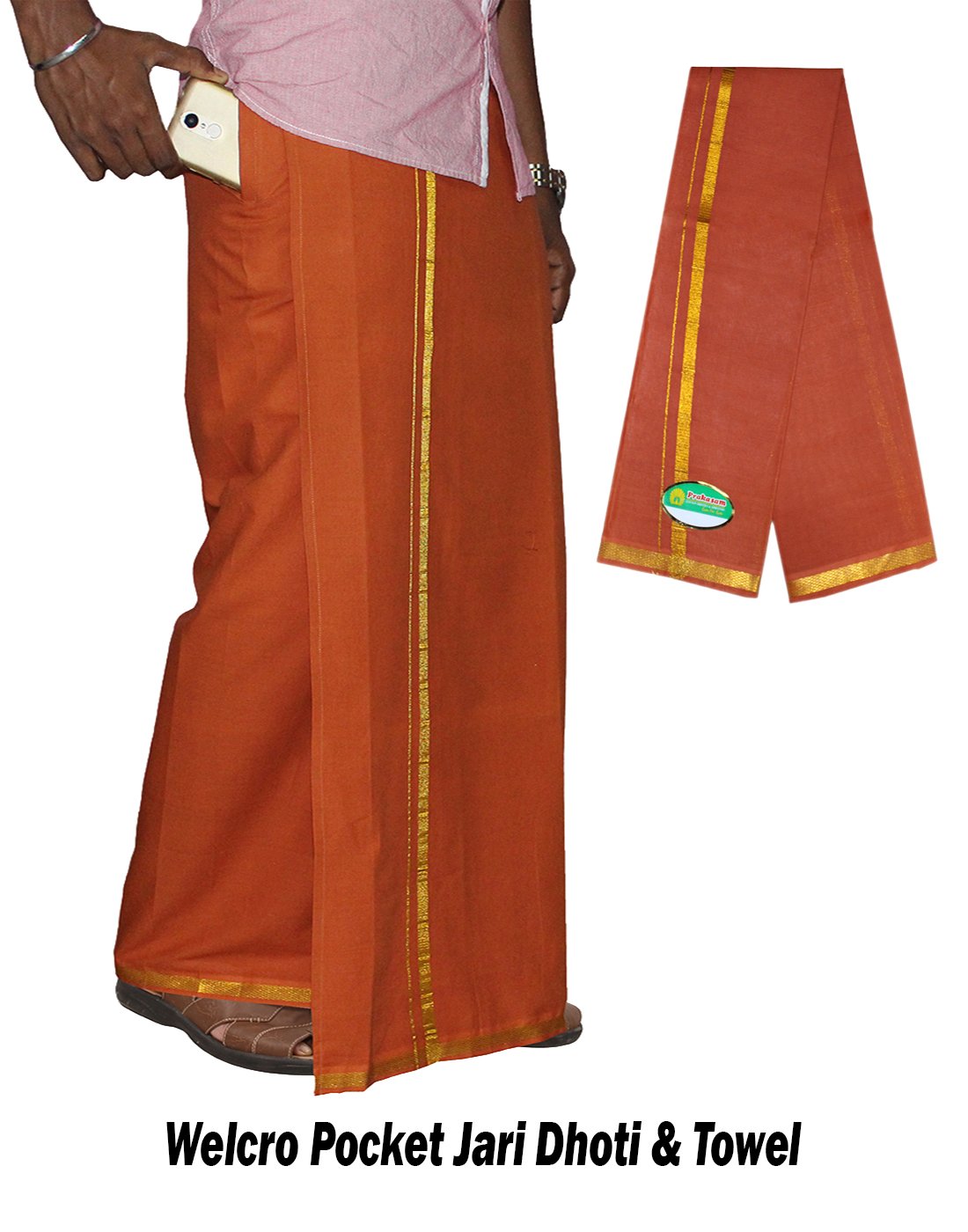 Prakasam Cotton Men's Single Dark Kaavi Colour Welcro Stitched Pocket Jari Dhoti With Matching Gold Jari Towel