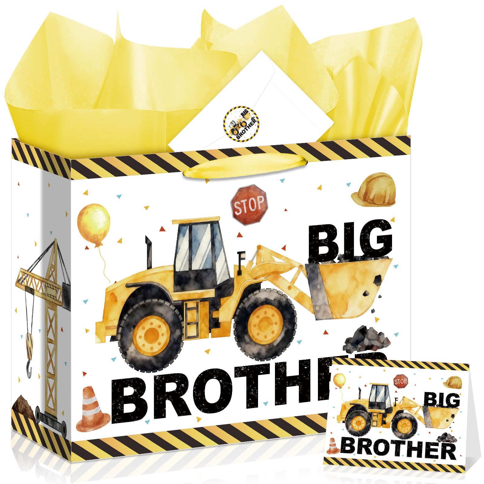 Big Brother Gift Bag for Boys Big Bro Birthday Gift Bag with Wrapping Paper Card Sticker Envelope Construction Gifts for Little Boy Son Grandson Nephew New Baby Birthday Party Decorations Supplies