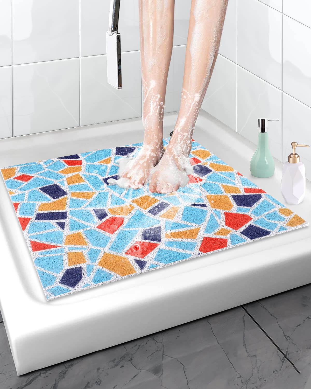 KAZOLEN - Tappetino da doccia quadrato, antiscivolo, in luffa, in PVC, morbido, testurizzato, ottimo drenaggio, da bagno, per box doccia (grigio