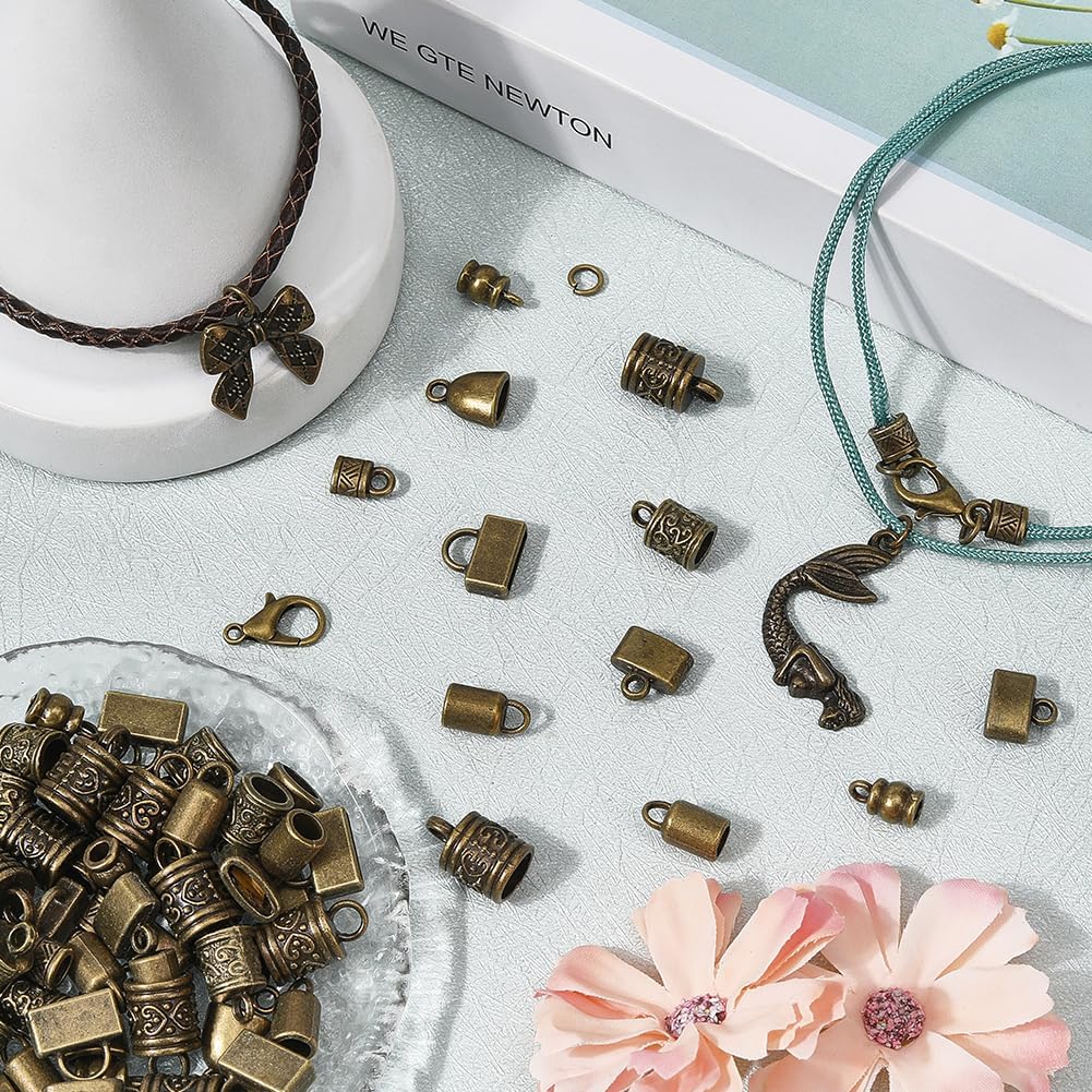 SUNNYCLUE 1 Box 230pcs Cord End Caps Kit Kumihimo Ends Alloy Metal Tibetan Style Antique Bronze Tassel Glue in Crimp Leather End Caps for Jewelry Making Kit Bracelet Kumihimo Supplies Gifts Craftings - Image 3